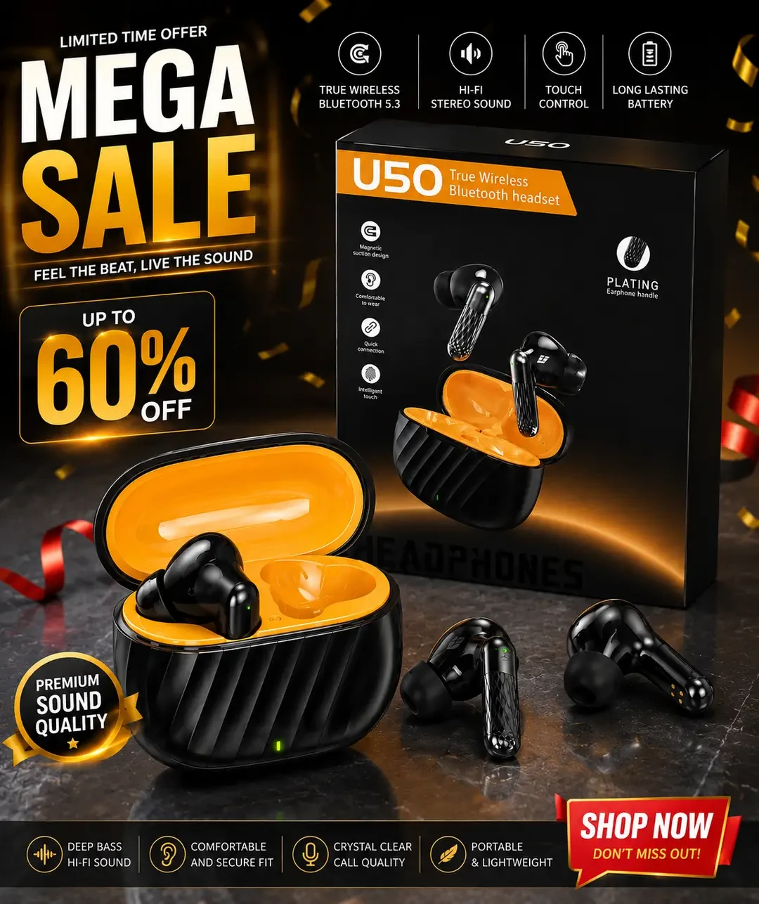 Free Delivery | Imported U39 True Wireless Bluetooth Earbuds with Hi-Fi Stereo Sound & Touch Control (Black)