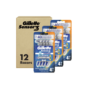 Gillette Sensor3 Comfort Disposable Razors for Men, 12 Count, Water-Activated Comfortgel Technolog